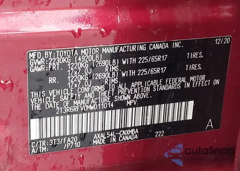 2021 Toyota Rav4 Hybrid Xle from USA, damaged, VIN 2T3R6RFV0MW011014